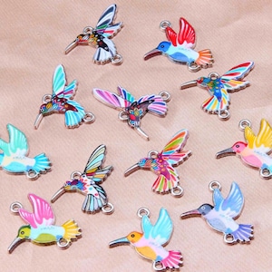 May include: Assortment of colourful hummingbird charms with silver-toned metal accents. Each charm features a detailed hummingbird design with vibrant colours and intricate patterns.
