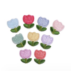 Set of  9pcs 90pcs  bulk lot  small mini   size  tulip flower  leaves self adhesive  stick    embroidered iron on patch    1..6x1.3cm  doll