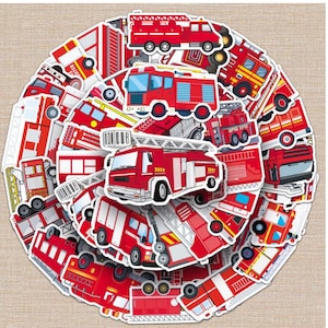 May include: A collection of red and white fire truck stickers in various designs. The stickers feature different styles of fire trucks, including ladder trucks and pumpers, with detailed illustrations and white borders. The stickers are arranged in a circular pattern.