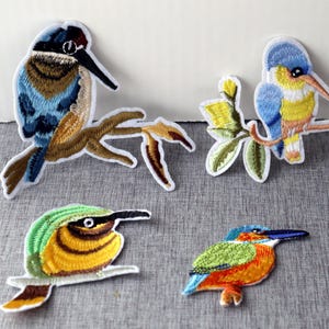 May include: Four embroidered iron-on patches featuring colorful kingfisher birds. The patches are perfect for adding a touch of nature to clothing, bags, or other fabric items.