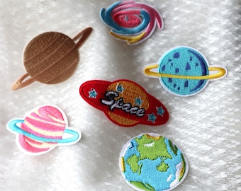 Ensemble de 6 pièces de planètes spatiales mixtes, terre brodée en fer sur patch, bricolage, couture, lot en vrac, vente 5-7cm