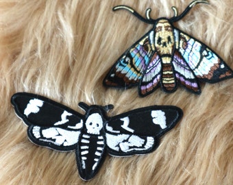Set of 2pcs  40pcs Rainbow ,Black and white Skull Hawk Moth embroidered iron on patch  9-11cm