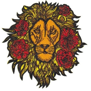 May include: Embroidered lion's head with red flowers around it. The lion's mane is yellow and the flowers are red. The background is white.