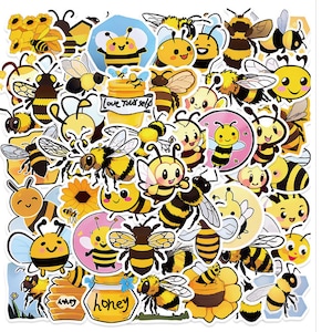 Lot de 50 autocollants en vinyle dessin animé bourdon abeille pour bouteille d'eau, bagagerie hydraulique, moto, mur, cahier, cadeau de bricolage