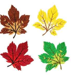 May include: Four embroidered fabric leaf patches in different colors: brown, yellow, red, and green. Each leaf has a detailed vein pattern.