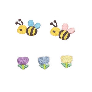 May include: Five embroidered iron-on patches: two yellow and black bees, one with blue wings and one with pink wings, and three flowers, one purple, one blue, and one yellow.