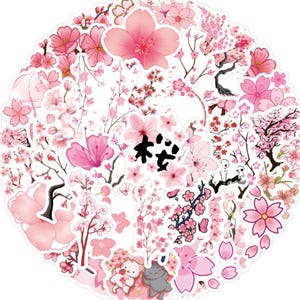 May include: A collection of pink cherry blossom stickers. The stickers feature detailed illustrations of cherry blossoms, branches, and Japanese text. The color palette includes shades of pink and white. The stickers are in various sizes and designs.