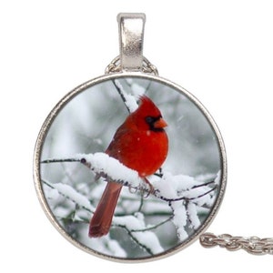 May include: A silver necklace with a round glass pendant featuring a red cardinal perched on a snow-covered branch. The pendant is surrounded by a silver frame.