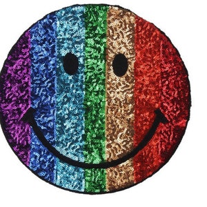 1pc 2pcs 20pcs bulk lot Large  rainbow  sequin Happy smiley face emoji embroidered   sew  on patch  22.8cm  9inch
