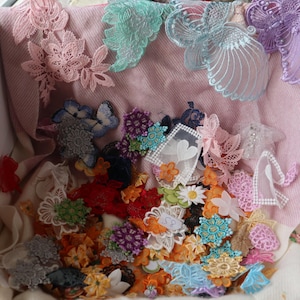 May include: A collection of assorted lace appliques in various shapes, sizes, and colours including pink, blue, green, orange, red, and purple. The pieces feature intricate floral, butterfly, and geometric embroidery patterns, some with small beads.