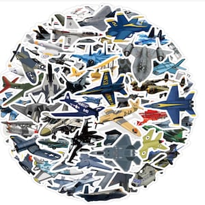 May include: A collection of colourful airplane stickers featuring various military and civilian aircraft designs. The stickers are perfect for decorating laptops, water bottles, and other surfaces.