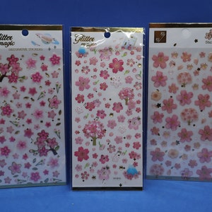 Lot de 3 feuilles d'autocollants sakura cristal fleurs de cerisier en vrac 30 pcs | scrapbooking | Carnet cartonné pour enfants 9,5 x 20,5 cm