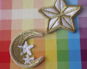 Set of 2pcs  12pcs 60pcs  bulk lot  Gold Moon star  embroidered  iron on sewing on  patch    4-5cm 2inch