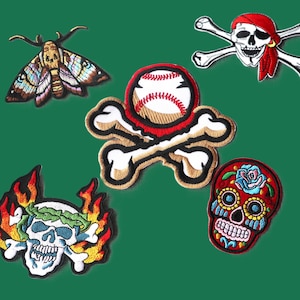 May include: Embroidered patches featuring a moth, a baseball with crossed bones, a skull with a red bandana, a skull with flames, and a sugar skull with a rose. The patches have detailed stitching and vibrant colors.