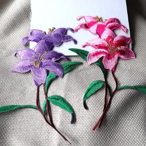 Set of 2pcs  bulk lot Extra large embroidered red pink purple Lily   flower   iron  on patch  diy sewing denim jacket winter coat    23x16cm
