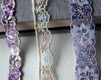 1yard 10yards   Purple Lilac blue pink   flower embroidery lace trim diy sewing dress   hair accessory doll  2cm-3cm