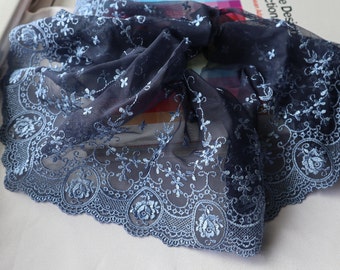 Retro palace style blue rose  flower   embroidery  lace trim diy sewing   doll  dress hair accessory  about 15cm  6inch
