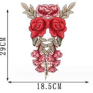 May include: Red embroidered floral applique with green leaves and a gold mesh background. The applique measures 18.5 cm wide and 29 cm tall.