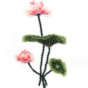 May include: Embroidered lotus flower patch with two pink blossoms and green leaves. The stems are dark green with small, dark thorns. Designed to be sewn onto fabric.