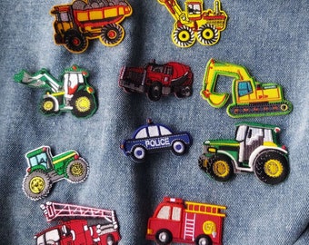 Set of  10pcs bulk lot   truck excavator fire truck fire engine embroidered iron on patch  diy kids boys apparel 5-7CM