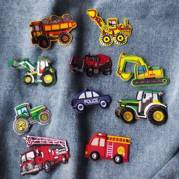 Set of  10pcs bulk lot   truck excavator fire truck fire engine embroidered iron on patch  diy kids boys apparel 5-7CM
