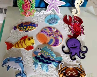 Set of  8pcs 12pcs Bulk lot sale mixed bulk lot Marine fish , seahorse , lobster,crab, conch embroidered iron on patch 5-7cm