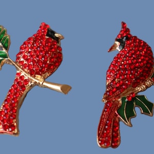 May include: Two brooches featuring cardinal birds, each adorned with red jewels and black detailing. They perch on gold-coloured branches with green leaves, set against a blue backdrop.