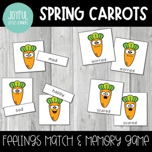 Juego de cartas de emparejamiento de sentimientos con zanahorias de primavera / Actividad de cartas de emociones de Pascua