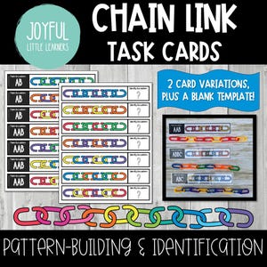 Pode incluir: Cartões de tarefas educacionais com padrões coloridos de elos de corrente para construção e identificação de padrões. Os cartões incluem variações como AB, AAB e ABC, com um modelo em branco. O texto "Chain Link Task Cards" também está presente.
