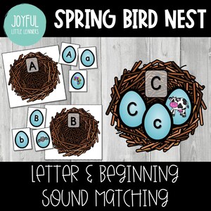 Puede incluir: Un conjunto de tarjetas imprimibles que presentan un nido de pájaro con actividades de coincidencia de letras y sonidos. Las tarjetas presentan las letras A, B y C, junto con imágenes de un pájaro, un murciélago y una vaca.