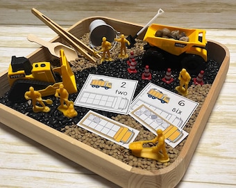 Road Work Sensory Bin | Construction Men |  Construction Truck Sensory Bin