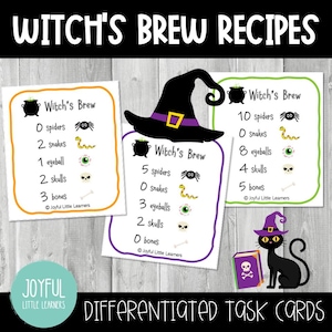 Könnte beinhalten: Drei druckbare Aufgabenkarten mit einem Design aus Hexenhut und Kessel. Jede Karte hat eine unterschiedliche Anzahl von Spinnen, Schlangen, Augäpfeln, Schädeln und Knochen. Die Karten sind mit "Witch's Brew" beschriftet und für verschiedene Lernstufen differenziert.