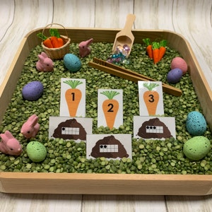Easter Bunnies | Spring Carrots Sensory Bin featuring Number Matching Ten Frames Activity