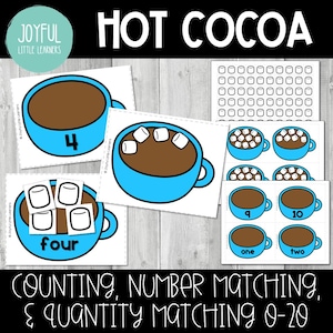May include: Educational flashcards featuring blue mugs of hot cocoa with marshmallows. The cards display numbers, number words, and quantities for counting practice. The text on the cards reads "HOT COCOA" and "COUNTING, NUMBER MATCHING, & QUANTITY MATCHING 0-20."