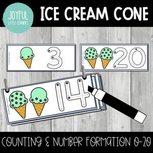 May include: A set of printable flashcards featuring ice cream cones with numbers 3, 14, and 20. The flashcards are designed for counting and number formation practice for children.