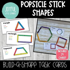 Peut inclure: Cartes de tâches éducatives pour construire des formes avec des bâtonnets de glace. Les cartes comprennent des instructions pour les formes triangle, rectangle et trapèze. L'image montre également un hexagone et un carré faits avec des bâtonnets de glace. Le texte dit "Build-a-Shape Task Cards."