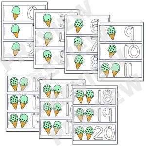 May include: A set of printable worksheets featuring green ice cream cones with chocolate sprinkles. Each worksheet has a number from 1 to 20 with a corresponding number of ice cream cones. The numbers are written in a traceable format.