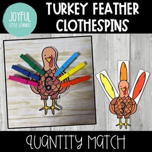 Könnte beinhalten: Eine druckbare Aktivität zum Thema Thanksgiving für Kinder. Das Bild zeigt einen Truthahn mit sechs Federn und der Zahl sechs auf seinem Körper. Es gibt sechs Wäscheklammern in verschiedenen Farben. Der Text "Quantity Match" befindet sich am unteren Rand des Bildes.