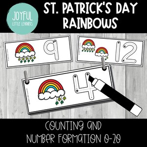 Attività di formazione dei numeri per il giorno di San Patrizio / Carte di conteggio e riconoscimento dei numeri del trifoglio arcobaleno