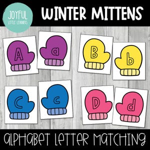Tarjetas de actividades imprimibles con las letras del alfabeto de los mitones de invierno y los mitones de nieve.
