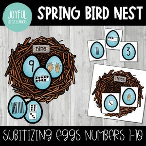 May include: A set of printable spring bird nest themed cards for teaching subitizing. The cards feature blue eggs with different numbers of dots, fingers, and tally marks. The cards also include the number words "nine" and "three".