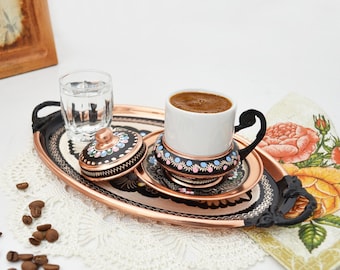 Turkish Copper Coffee Set for 2, Arabic Greek Coffee Cups Serving Set, Pure Copper Espresso Coffee Cups, Engraved Copper Service Tray.