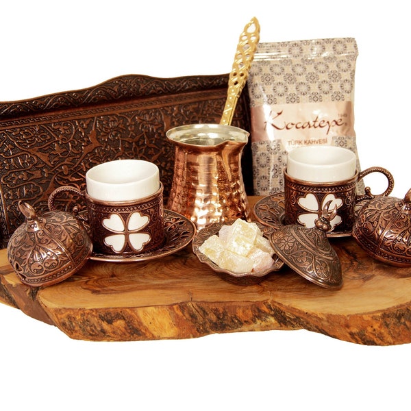 Turkish Coffee Set of 2, Coffee Cup Set 2, Coffee Serving Set, Copper Coffee Pot, Arabic Coffee Set, Coffee Service Set, Brown Coffee Cup.