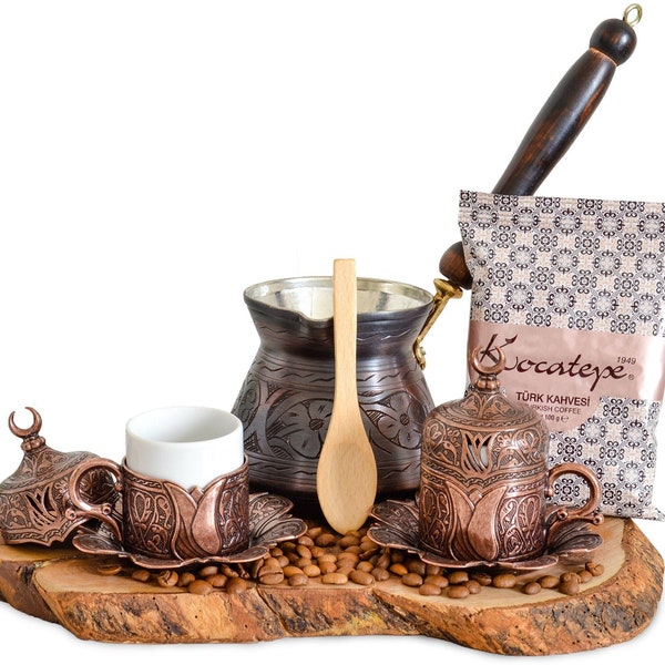 Türkisches Kaffee-Set, Kaffeetasse 2er-Set, Kaffee-Servier-Set, Kupfer-Kaffeekanne, Arabisches Truthahn-Kaffee-Service-Set, Holzlöffel.