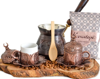 Copper Turkish Coffee Gift Set for Two in Wooden Box Perfect Starter Kit Ottoman Style Arabic Kahwa Pot