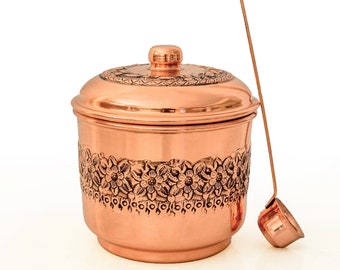 Copper Sugar Bowl with Lid and Metal Spoon, Copper Salt Storage Jar, Copper Seasoning Container for Home and Kitchen, Anatolian Motif Design