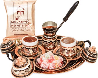 Turkish Copper Coffee Set of 2 with Coffee Pot and Mehmet Efendi Turkish Coffee, Espresso Serving Set, Arabic Coffee Service Set, 14 Pieces.