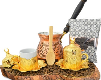 Turkish Coffee Set, Coffee Cup Set of 2, Coffee Serving Set, Copper Coffee Pot, Arabic Turkey Coffee Service Set, Wooden Spoon.