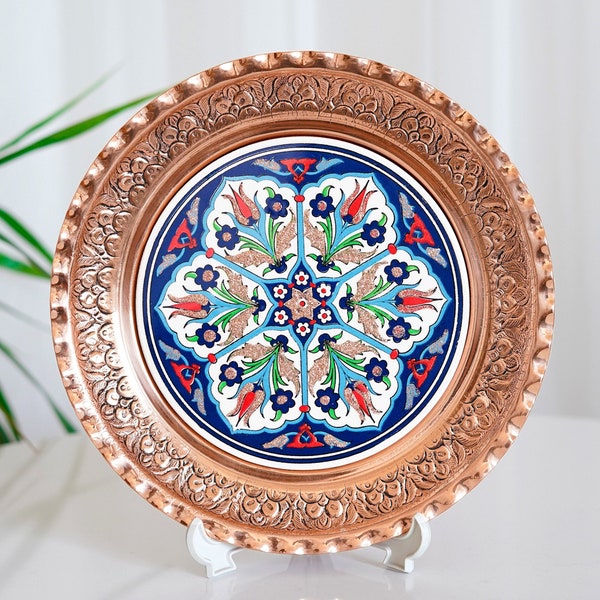 Decorative Copper Plate with Ottoman Motifs, Decorated Ceramic Plate, Embossed Copper Wall Plate, Copper Desk Decor, Copper Desk Plate