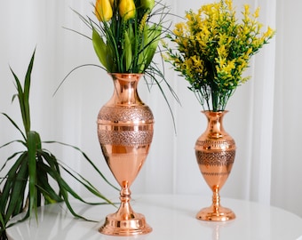 Copper Flower Vase, Traditional Copper Vases, Engraved Copper, Copper Vase, Decorative Vases, Total Height: 14.5 Inches